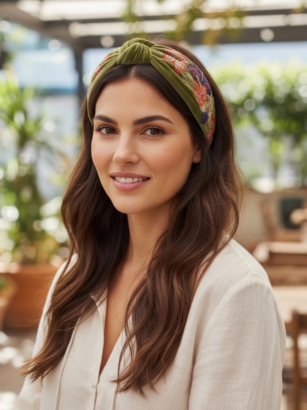 Powder Embroidered Olive Green Knotted Headband - Women Accessories